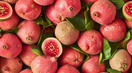 A photo of a pile of pink guava fruit with green leaves.