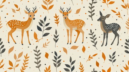 A seamless pattern with cute cartoon deer, leaves and branches in a fall color palette. Perfect for creating a cozy and inviting space.