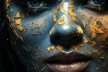 Portrait of a beautiful woman with blue paint on her face