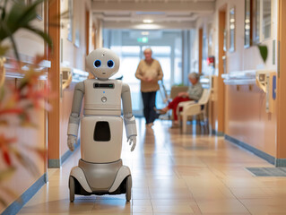 Future of geriatric care with robots in nursing homes. Innovative Personal Android Companion. Helping Senior Woman with her Daily Life