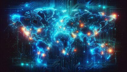 A vibrant digital representation of the world map highlighted with bright, interconnected electronic circuits and glowing nodes, symbolizing global connectivity and advanced technology.