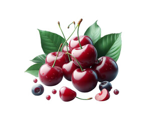 Obraz premium Fresh Cherry with leaves isolated on transparent background Ai generative.