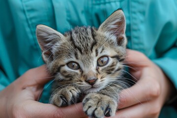 A veterinarian in a blue uniform gently cradles a kitten with heterochromia, symbolizing professional pet care