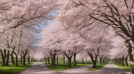 beautiful pink flowering cherry tree avenue in Holzweg, Magdeburg.generative.ai 