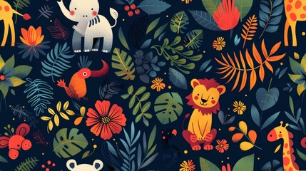 Cute cartoon animals and flowers seamless pattern. Vector illustration for kids.