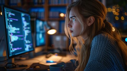 A Woman Programming at Night