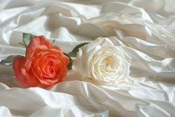 Two white and orange roses on a white silk background,  Soft focus