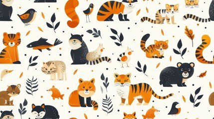 Cute cartoon seamless pattern with different wild animals, birds and leaves. Perfect for kids room decor, fabric, wrapping paper, wallpaper etc.