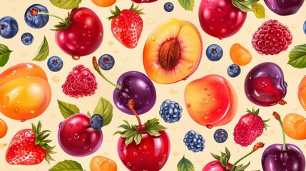Fresh and juicy fruits and berries. Seamless pattern.