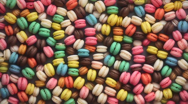 ull frame image of many colorful French macaroons from directly above. banner, background.generative.ai 