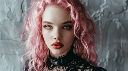 Teen White Woman with Pink Curly Hair Goth style Illustration.