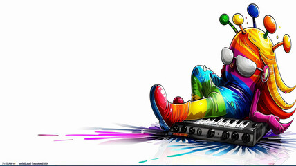 A colorful cartoon character is laying on a keyboard