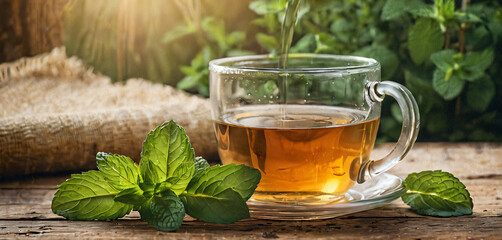 Green and mint tea in a beautiful morning scene.