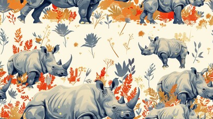Obraz premium The image is a seamless pattern of blue and white rhinos in a field of orange and blue flowers and leaves
