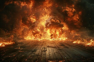 Fiery explosion on wooden planks,   render illustration