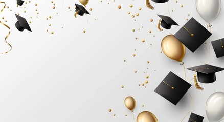 Black and white graduation caps with golden balloons flying on the right side of poster background, celebration party banner design Generative AI