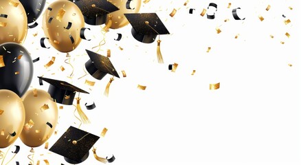Falling black and gold graduation caps background with confetti and balloons on white background Generative AI