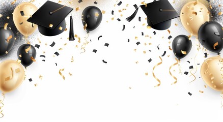Falling black and gold graduation caps background with confetti and balloons on white background Generative AI