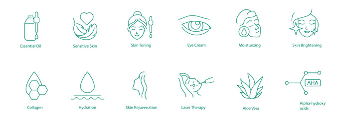 Essential Oil, Sensitive Skin, Skin Toning, Eye Cream, Moisturizing, Skin Brightening, Collagen, Hydrating, Skin Rejuvenation, Laser Resurfacing, Aloe Vera, Alpha Hydroxy Acid Vector Icons Collection