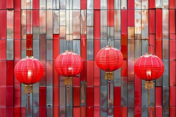 Red lanterns on the glass wall of a building in Beijing, China - obrazy, fototapety, plakaty