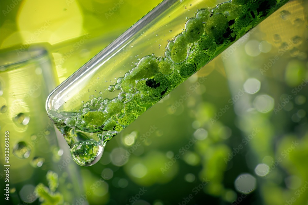 Wall mural algae plaint and pipette over test tube, dropping sample chemical into green tubes, biotechnology