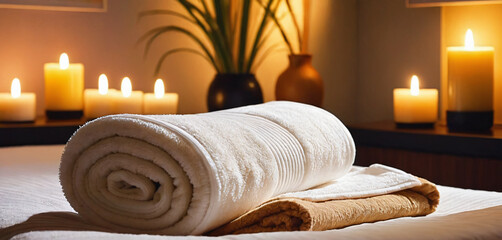 Spa and wellness scene with a towel and candles. Relaxing room.
