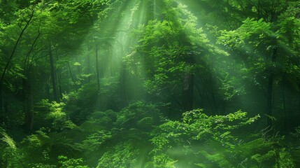 The lush green foliage of the forest is illuminated by the gentle rays of sunlight.