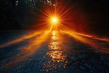Sunset in the forest,  Beautiful winter landscape with sun rays