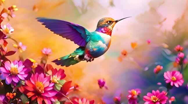 Colibri volant parmi les fleurs