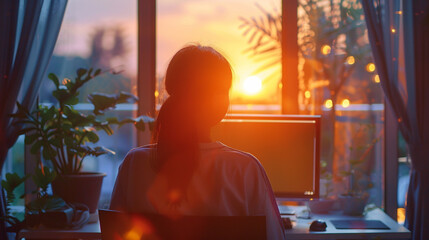 Asian Woman Freelancing at Home - Sunset Work by the Window