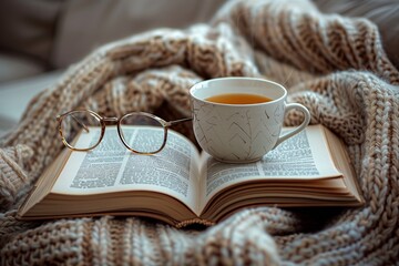 Teacup with open book and eyeglasses on soft knit