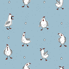 Cartoon hens and roosters characters for happy farm design. Funny chicken with eggs.