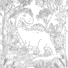 Cute dinosaur coloring page for kids, black and white illustration for coloring book -Generative AI