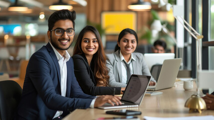young corporate employee team working together and giving happy expression at office