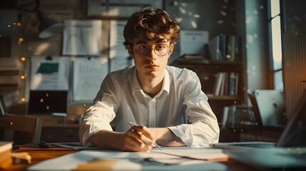 Fototapeta premium A Young and Ambitious Entrepreneur Deep in Thought Surrounded by Financial Reports and Digital Devices in a Minimalist Studio Setting