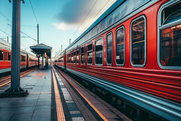 Fototapeta premium Red train at a station during sunset