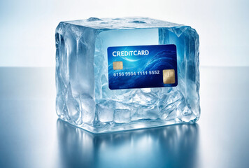 3d render illustration of a  credit card is frozen in a block of ice