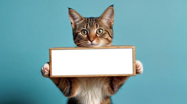 A cat with a blue background, holding a wooden block with empty blank white sign in its paws