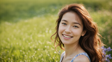 Close up portrait of young caucasian woman in summer or spring flower field; meadow enjoying sunny day; relaxing outdoors; romantic getaway in countryside nature