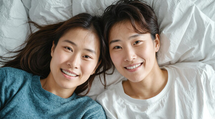 Close up portrait of young asian, japanese, chinese lesbian couple laying in bed in casual clothes enjoying day, relaxing at home, romantic gay, homosexual relationship