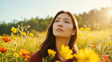 Close up portrait of young asian woman in summer or spring flower field; meadow enjoying sunny day; relaxing outdoors; romantic getaway in countryside nature