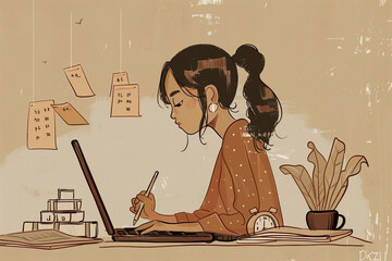 A girl is sitting at a desk with a laptop and a pen