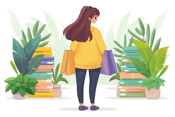 A woman is standing in front of a pile of books and shopping bags