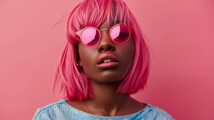 Fototapeta premium Adult Black Woman with Pink Straight Hair 1990s style Illustration.