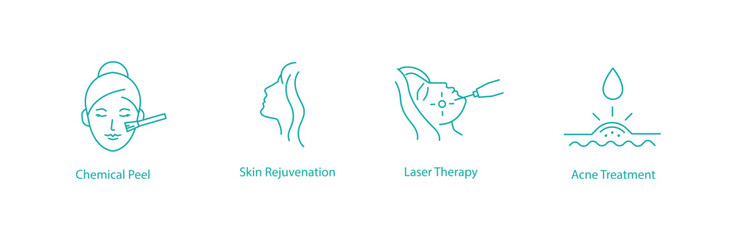 Skincare Treatment Icon Set: Chemical Peeling, Skin Rejuvenating, Laser Treatment, Acne Treatment