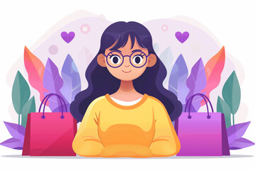 A woman with long hair and glasses is sitting in front of two shopping bags