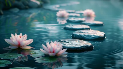 Scenic pond with water lilies and pink lotus flowers, stone stepts on the water, zen and relax concept