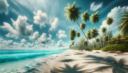 Dreamy Tropical Coastline: Fluffy Clouds and Lush Palm Shadows