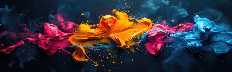 Multiple vibrant paint splashes overlapped and merging on top of each other in a dynamic and colorful display