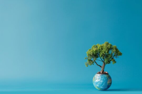Conceptual image of a tree cradling a small Earth set against a serene blue background